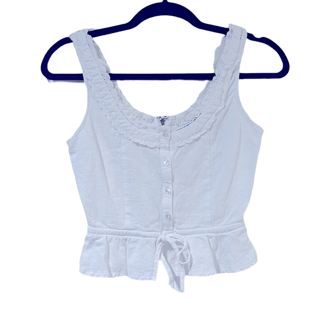 Lulus White Button Front Ruffle Hem Lace Trim Sleeveless Crop Top Small